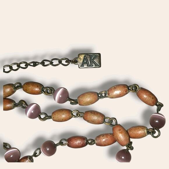 Vintage Anne Klein Etched Mother Of Pearl Pendant Necklace‎ Wood & Glass Beads - Picture 7 of 9